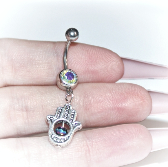 Crystal Hamsa Hand Belly Ring - Picture 8 of 16